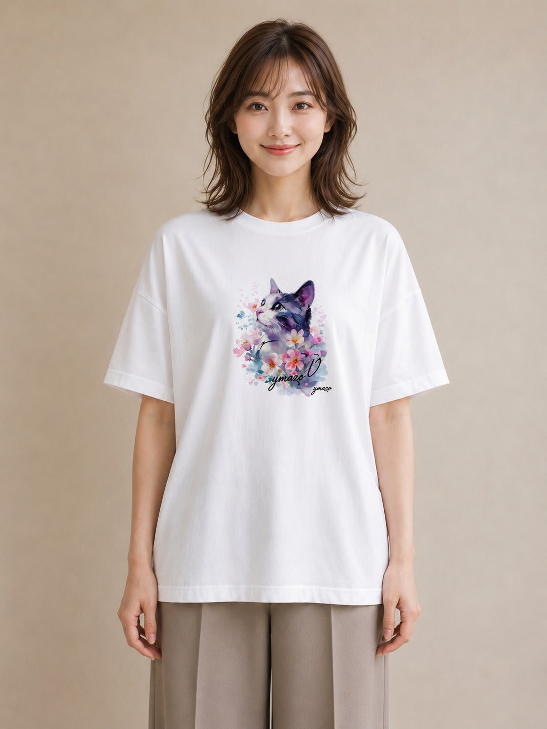 半袖Tシャツ レディース ペルシャ 猫 ねこ イラスト 個性的 カフェ服 クリスマス 白T
