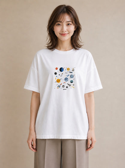 プリントTシャツ レディース 惑星 星空 宇宙 イラスト シンプル 誕生日プレゼント 綿100 白T