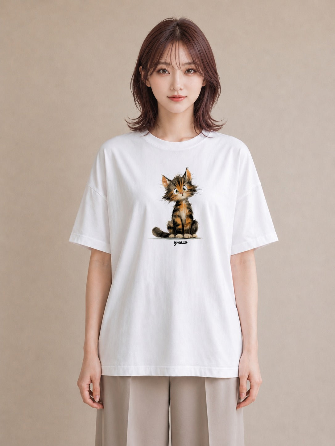 半袖Tシャツ レディース ぶち猫 猫 ねこ イラスト カフェコーデ 公園 ママ 白T