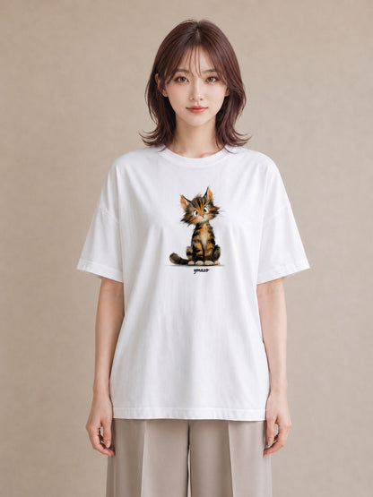 半袖Tシャツ レディース ぶち猫 猫 ねこ イラスト カフェコーデ 公園 ママ 白T