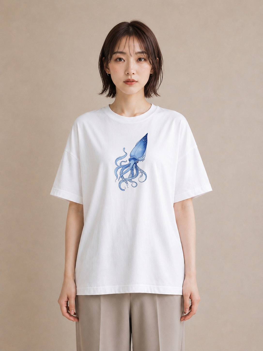 プリントTシャツ レディース タコ 海の生き物 海 イラスト モード 普段着 週末コーデ 白T
