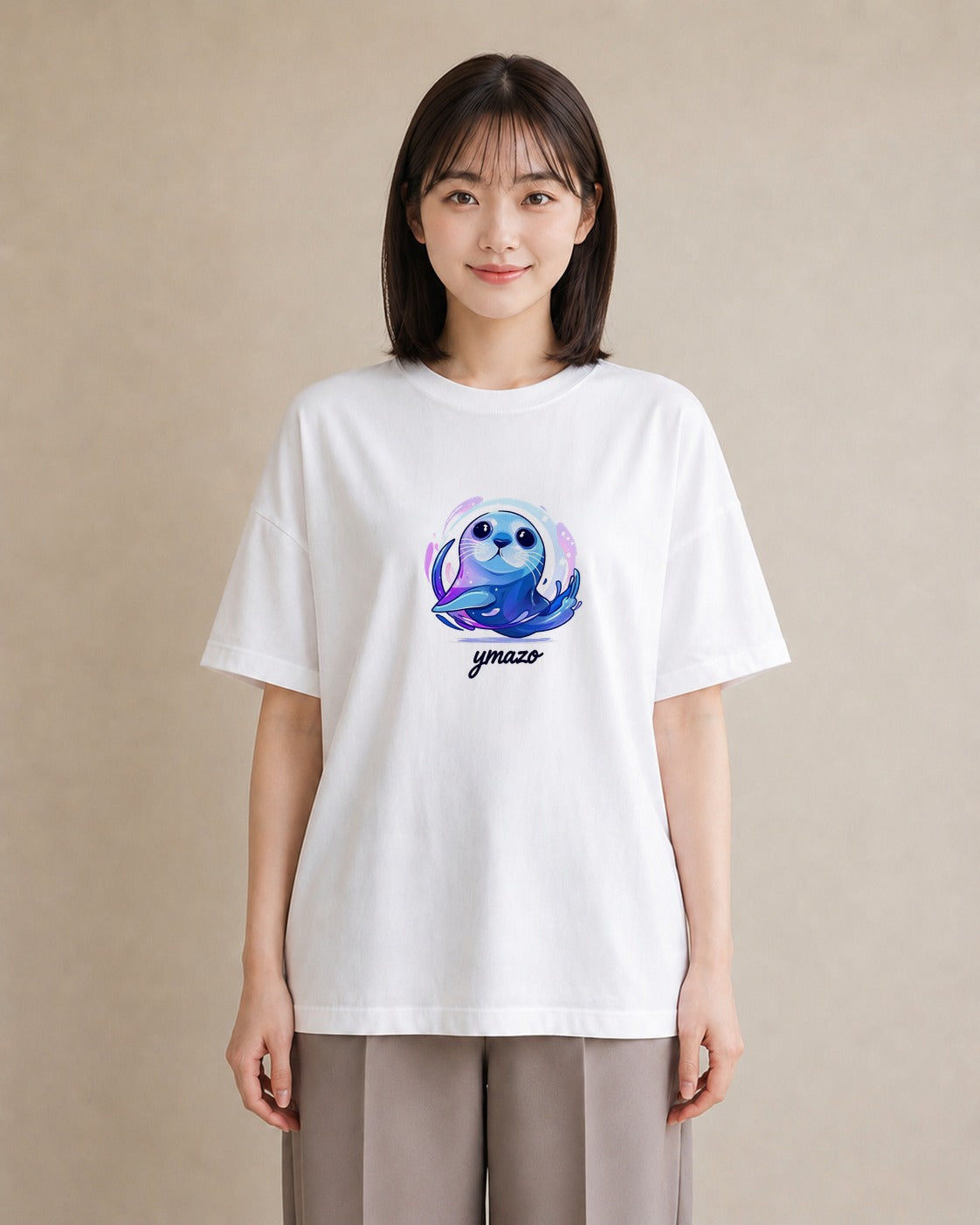 プリントTシャツ レディース ゴマフアザラシ 動物 アニマル イラスト ペアコーデ 秋コーデ 白T