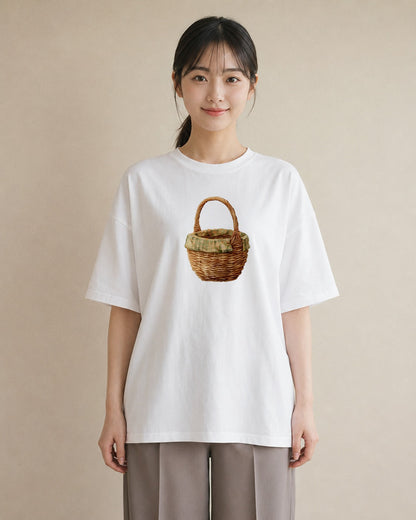 半袖Tシャツ レディース 自転車のかご 自転車 花かご ナチュラル アンティーク イラスト ゆるコーデ カフェ巡り 女子会 白T