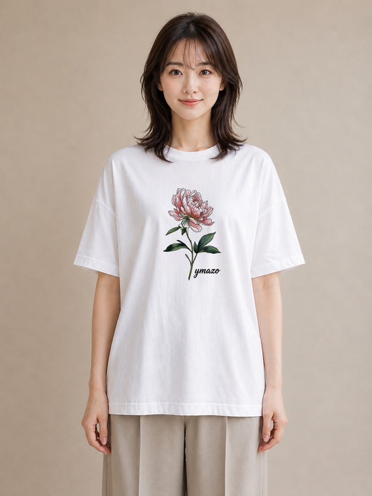 プリントTシャツ レディース 牡丹 花 花柄 イラスト ヴィンテージ風 部屋着 女性向けギフト 白T