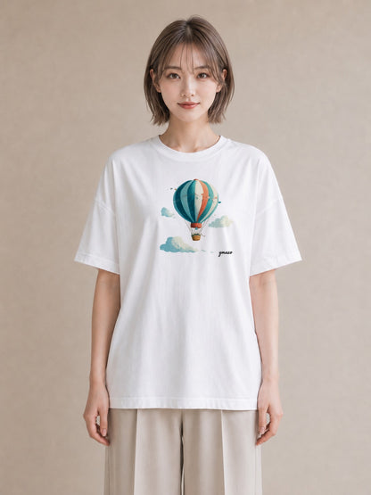 半袖Tシャツ レディース 気球 星空 宇宙 イラスト ナチュラル 旅行用 海 白T