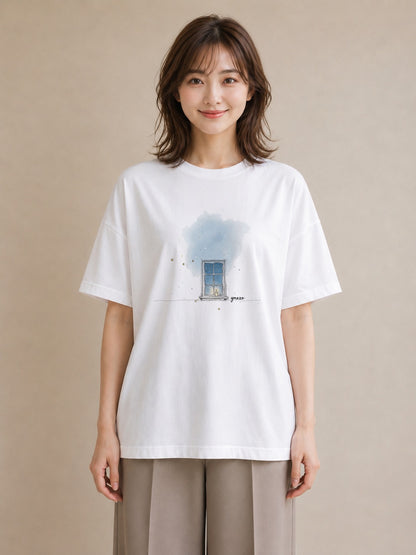 Tシャツ レディース 夕暮れ バルコニー 夕焼け ナチュラル アンティーク イラスト 線画 旅行用 海 白T