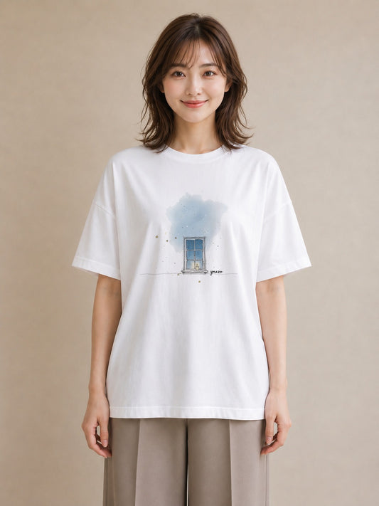 Tシャツ レディース 夕暮れ バルコニー 夕焼け ナチュラル アンティーク イラスト 線画 旅行用 海 白T