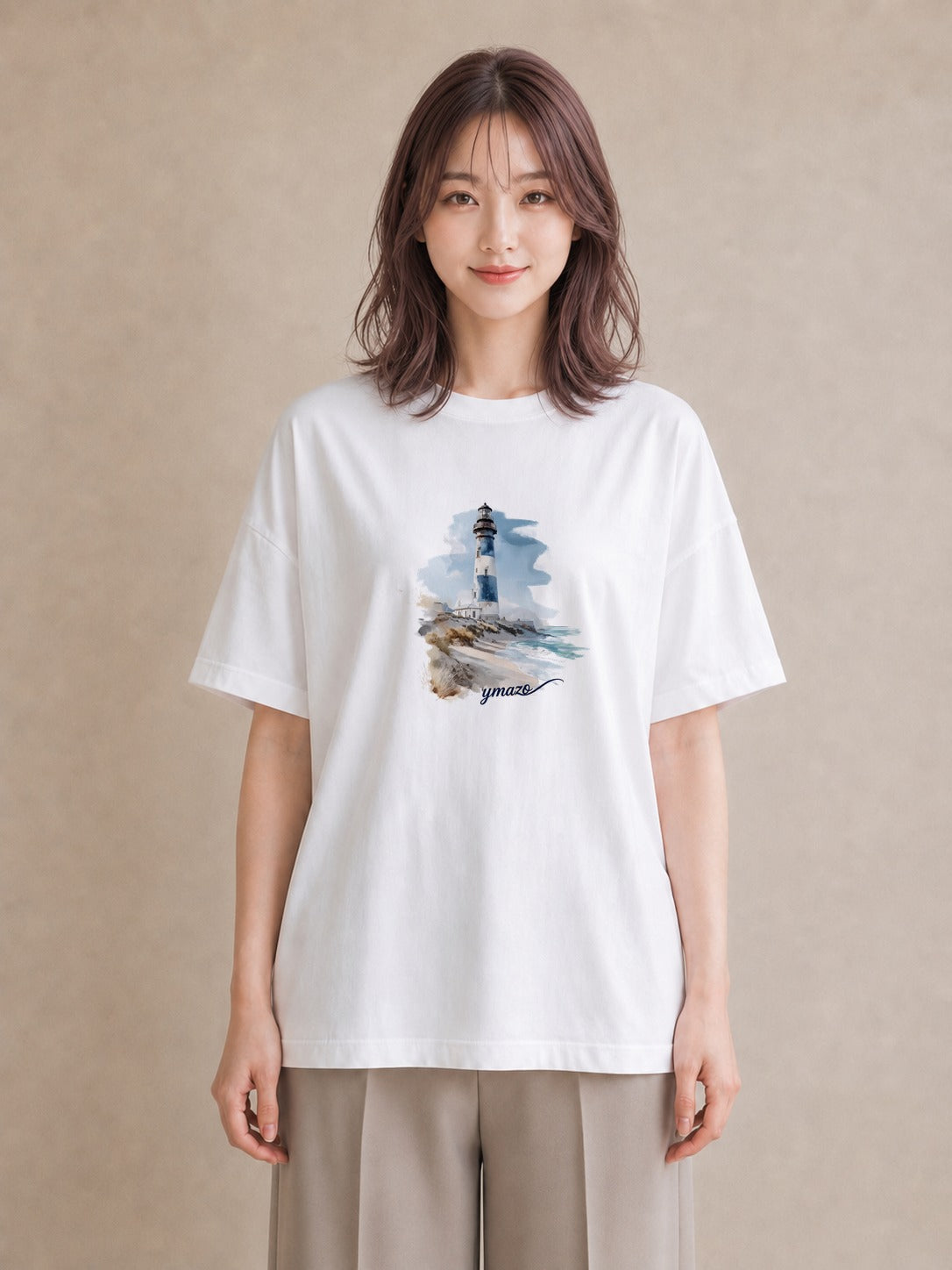 Tシャツ レディース 灯台 霧 海 ナチュラル アンティーク イラスト ヴィンテージ風 散歩 お出かけ 白T