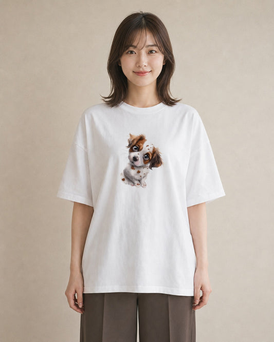 デザインTシャツ レディース キャバリア 犬 いぬ イラスト ヴィンテージ風 ペアコーデ 秋コーデ 白T