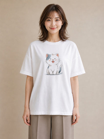 Tシャツ レディース ねこ 猫 ネコ イラスト きれいめ 20代 カジュアルコーデ 白T