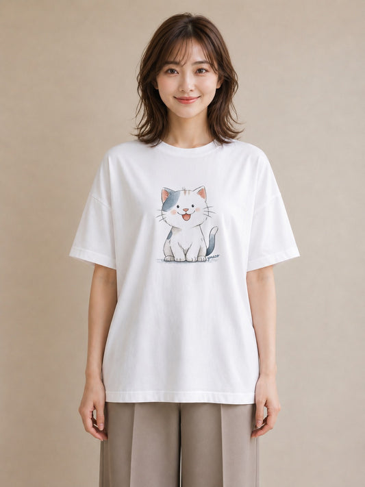 Tシャツ レディース ねこ 猫 ネコ イラスト きれいめ 20代 カジュアルコーデ 白T