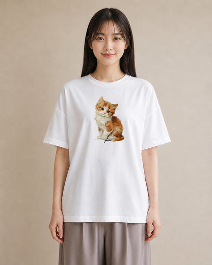 半袖Tシャツ レディース 茶トラ 茶猫 猫 ねこ イラスト モード 普段着 週末コーデ 白T