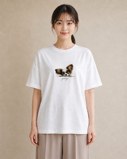 プリントTシャツ レディース パピヨン 犬 いぬ イラスト アート風 夏コーデ 通学 白T