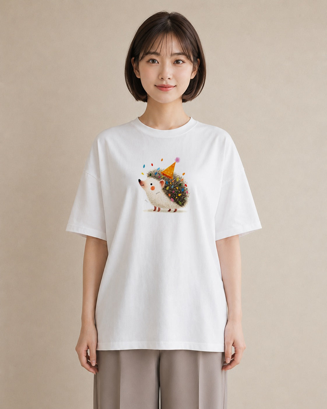 半袖Tシャツ レディース ハリネズミ ペット 動物 イラスト ガーリー 休日 ペアコーデ 白T