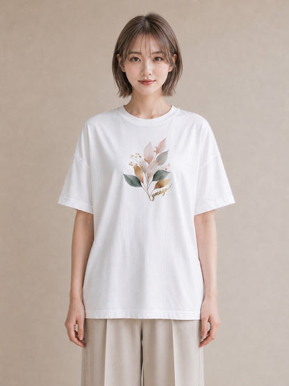 デザインTシャツ レディース 落ち葉 植物 ボタニカル イラスト フェミニン カフェ巡り 女子会 白T