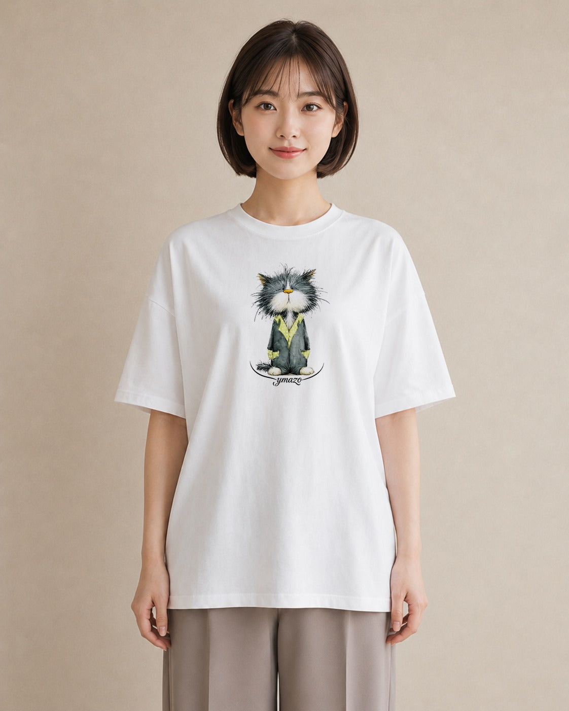 プリントTシャツ レディース ハチワレ 白黒猫 猫 ねこ イラスト シンプル ペアコーデ 秋コーデ 白T