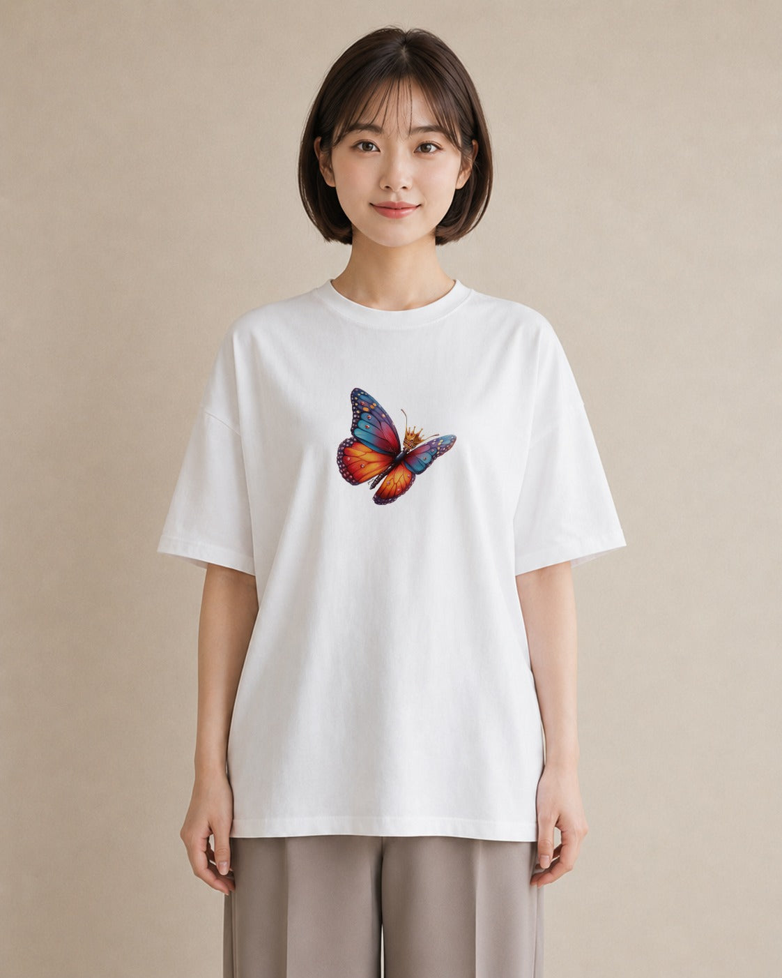 半袖Tシャツ レディース ちょうちょ 蝶 バタフライ 昆虫 虫 イラスト 春服 ミセス 白T