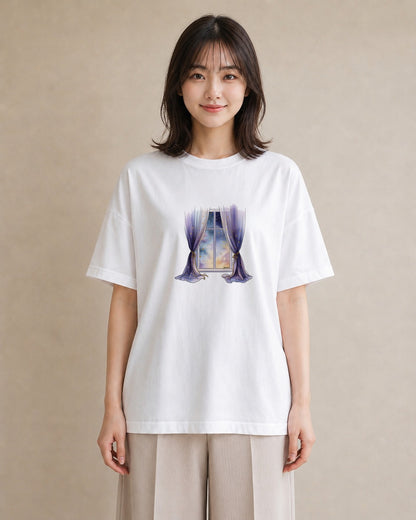プリントTシャツ レディース 窓辺の雨 雨の日 窓 ナチュラル アンティーク イラスト カジュアル おしゃれギフト 社会人 白T