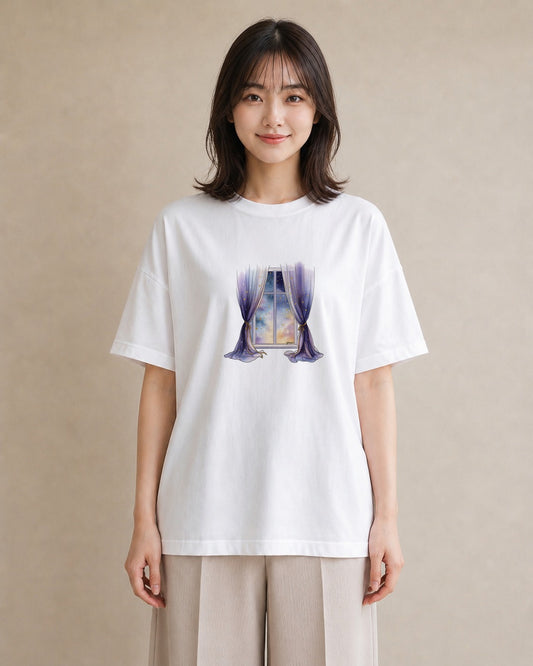 プリントTシャツ レディース 窓辺の雨 雨の日 窓 ナチュラル アンティーク イラスト カジュアル おしゃれギフト 社会人 白T