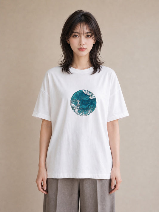 デザインTシャツ レディース 海 星空 宇宙 イラスト ラフカジュアル ママ カフェ服 白T