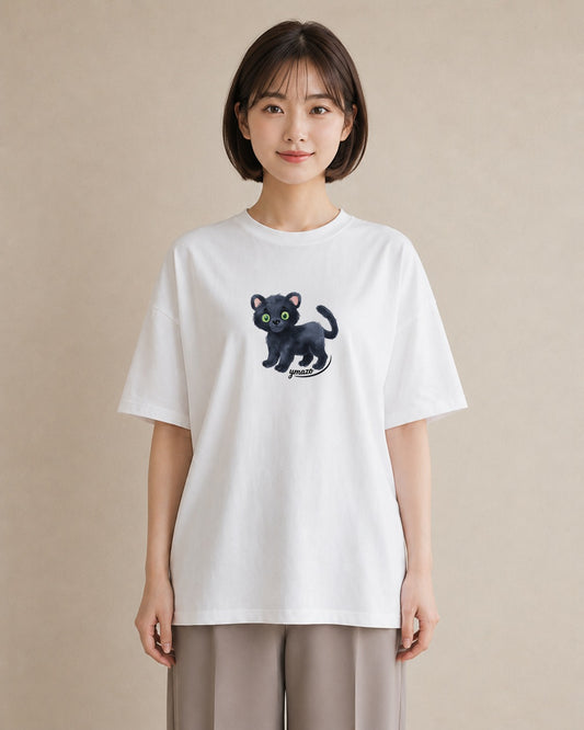 Tシャツ レディース 黒猫 猫 ねこ イラスト 可愛い 通学 誕生日プレゼント 白T