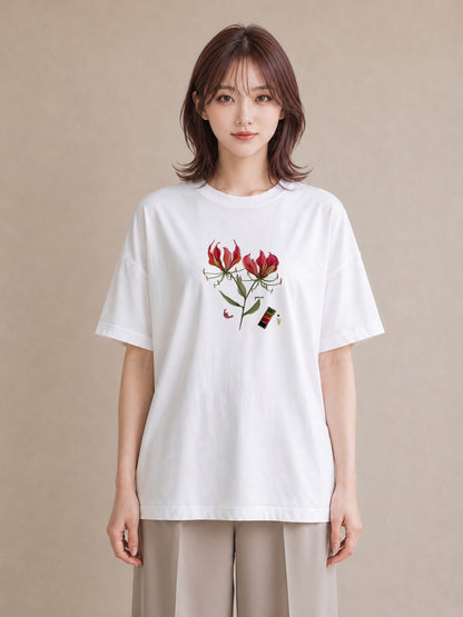 グラフィックTシャツ レディース 彼岸花 花 花柄 イラスト こなれ感 普段着 週末コーデ 白T