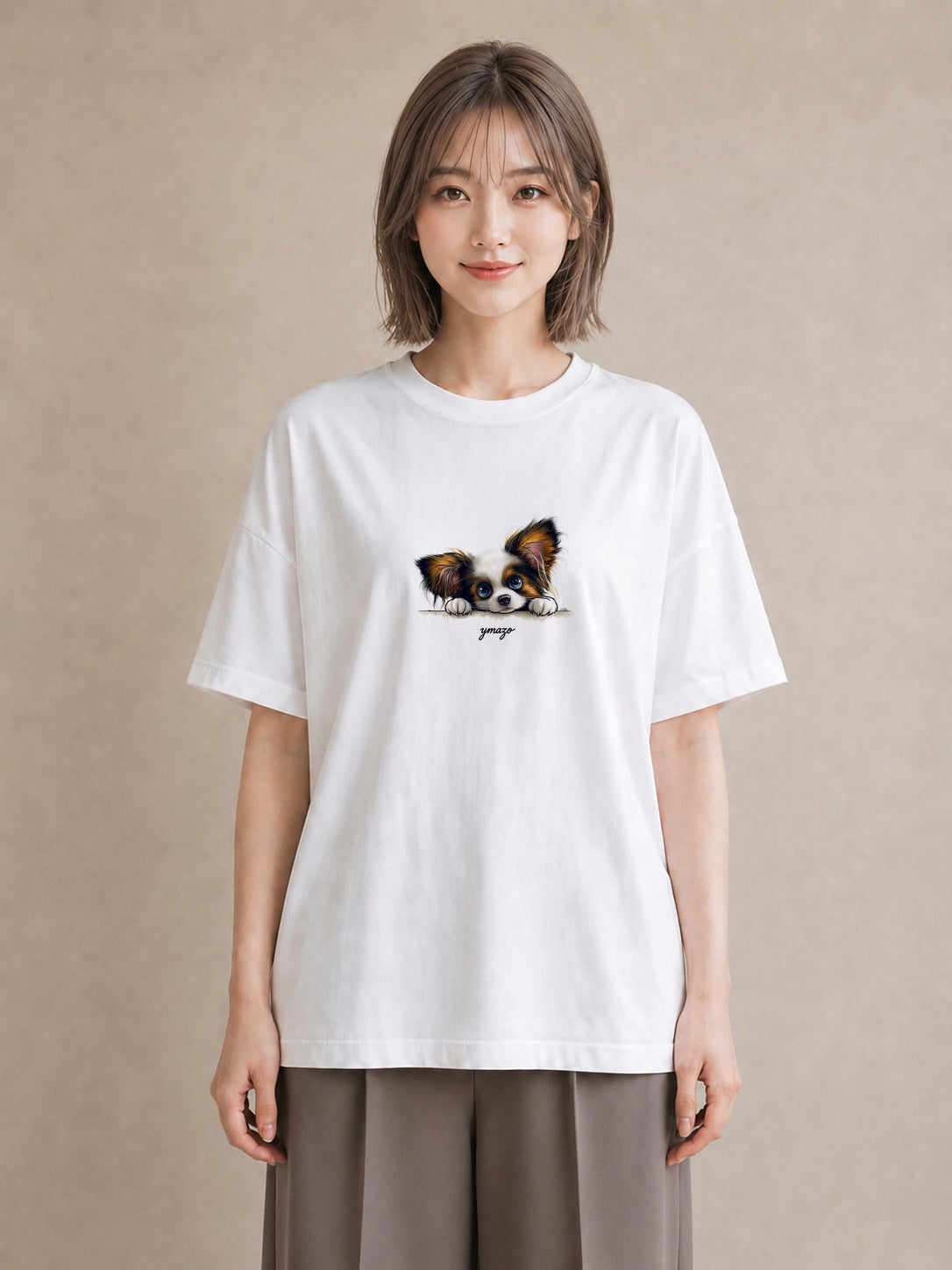 デザインTシャツ レディース パピヨン 犬 いぬ イラスト 線画 ホワイトデー 春服 白T