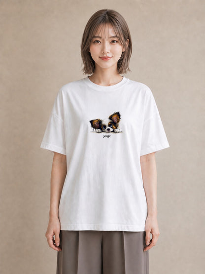 デザインTシャツ レディース パピヨン 犬 いぬ イラスト 線画 ホワイトデー 春服 白T