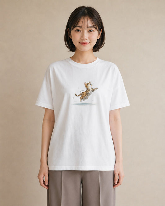デザインTシャツ レディース 茶トラ 茶猫 猫 ねこ イラスト ヴィンテージ風 海 カフェ巡り 白T