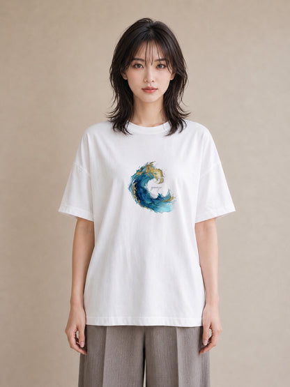 プリントTシャツ レディース 波 星空 宇宙 イラスト こなれ感 通勤 在宅 白T