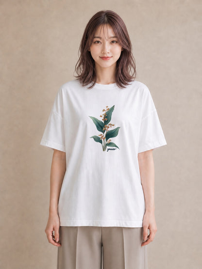 半袖Tシャツ レディース 金木犀 花 花柄 イラスト フェミニン 在宅 公園 白T