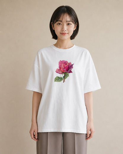 プリントTシャツ レディース バラ 薔薇 ローズ 花 花柄 イラスト カフェ服 クリスマス 白T