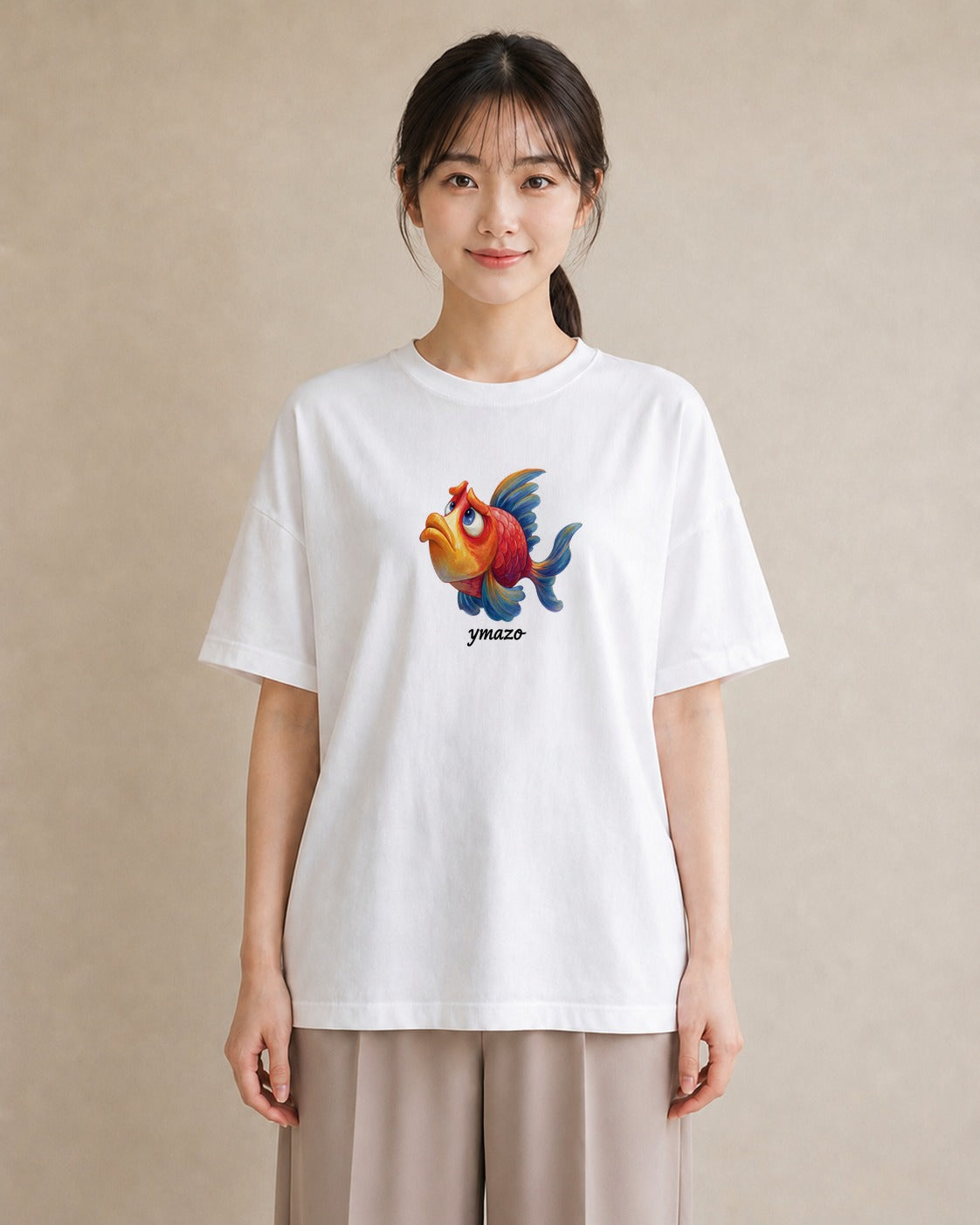 半袖Tシャツ レディース らんちゅう ペット 動物 イラスト お洒落 ペアコーデ 秋コーデ 白T