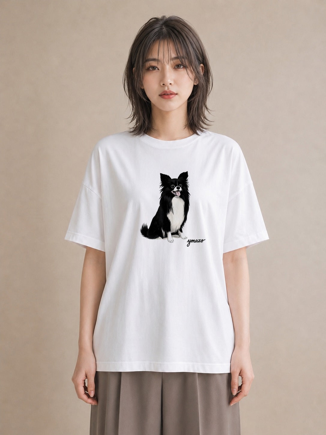 プリントTシャツ レディース ロングコートチワワ 犬 いぬ イラスト 上品 お揃い 親子 白T