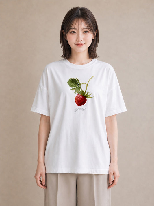 半袖Tシャツ レディース いちご 苺 ストロベリー 食べ物 フード イラスト 韓国風 春服 ミセス 白T