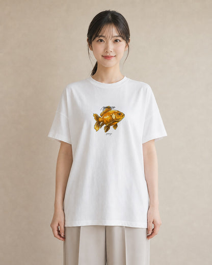 Tシャツ レディース 金魚 ペット 動物 イラスト 休日コーデ ミセス 春コーデ 白T