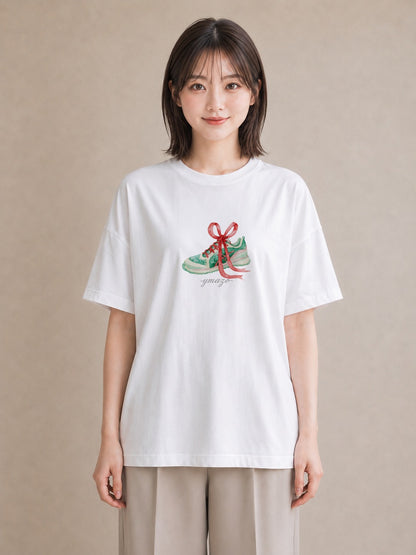 半袖Tシャツ レディース バレエシューズ バレエ トウシューズ ナチュラル アンティーク イラスト ミニマル ホワイトデー 春服 白T