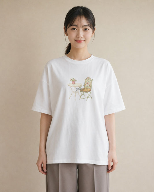 デザインTシャツ レディース 夕暮れ バルコニー 夕焼け ナチュラル アンティーク イラスト レトロ カフェ服 クリスマス 白T