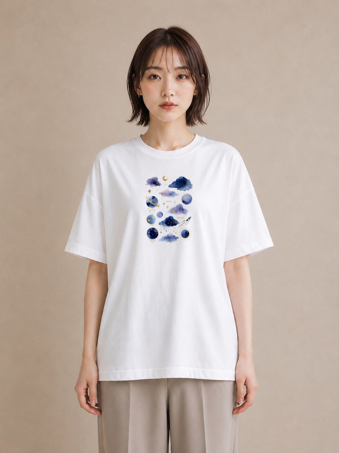 グラフィックTシャツ レディース 水瓶座 星空 宇宙 イラスト レトロ 女性 旅行用 白T
