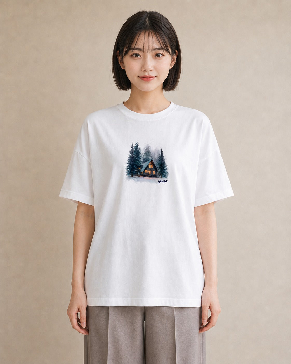 グラフィックTシャツ レディース 湖畔の小屋 湖 小屋 ナチュラル アンティーク イラスト ゆるかわ レイヤード 友達ギフト 白T