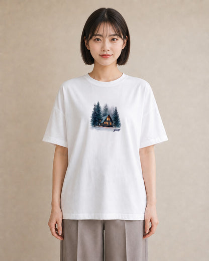 グラフィックTシャツ レディース 湖畔の小屋 湖 小屋 ナチュラル アンティーク イラスト ゆるかわ レイヤード 友達ギフト 白T