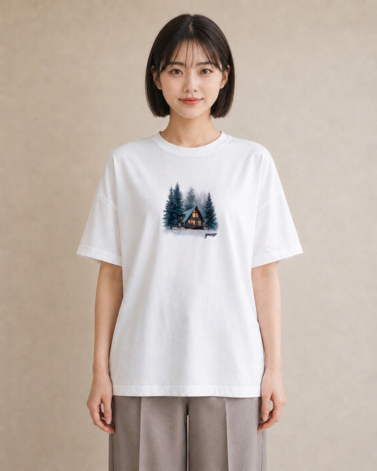 グラフィックTシャツ レディース 湖畔の小屋 湖 小屋 ナチュラル アンティーク イラスト ゆるかわ レイヤード 友達ギフト 白T