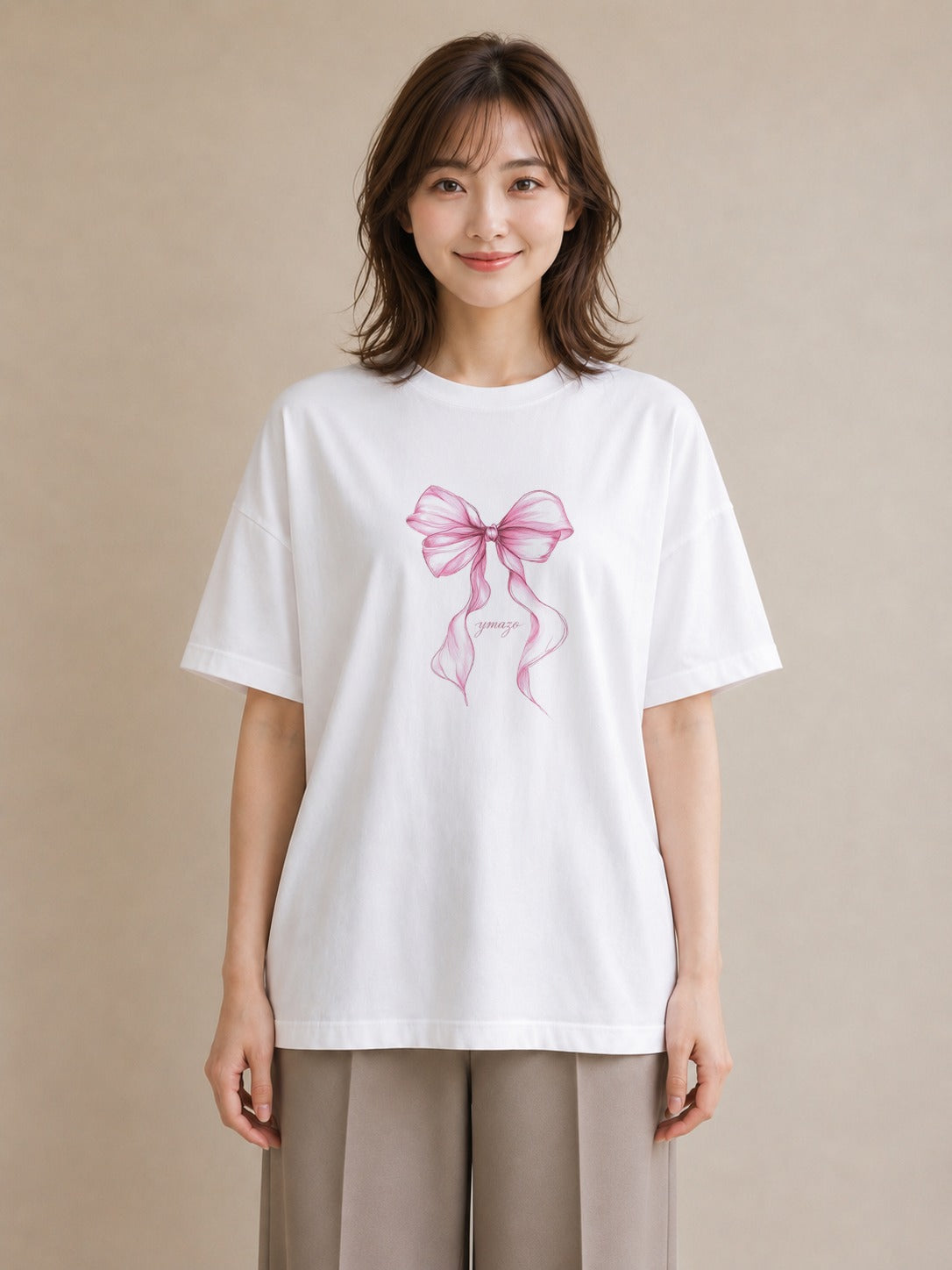 半袖Tシャツ レディース リボン 蝶結び ナチュラル アンティーク イラスト 普段使い 在宅 公園 白T