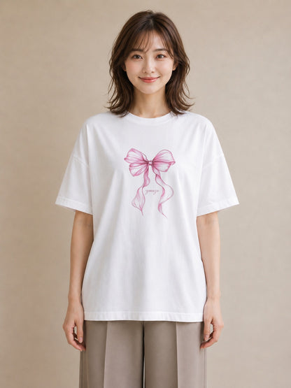 半袖Tシャツ レディース リボン 蝶結び ナチュラル アンティーク イラスト 普段使い 在宅 公園 白T