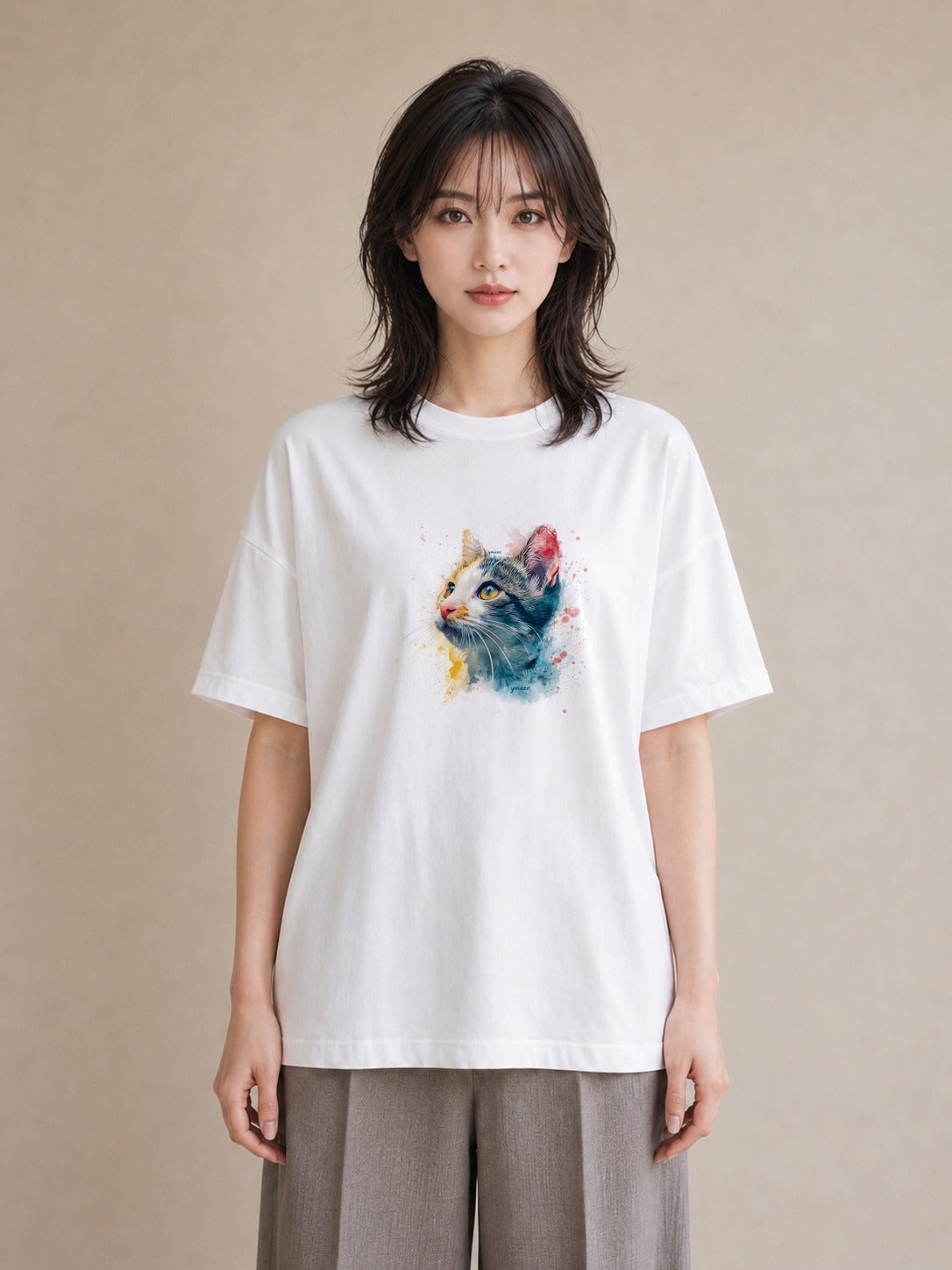 Tシャツ レディース ぶち猫 猫 ねこ イラスト 水彩風 お揃い 親子 白T
