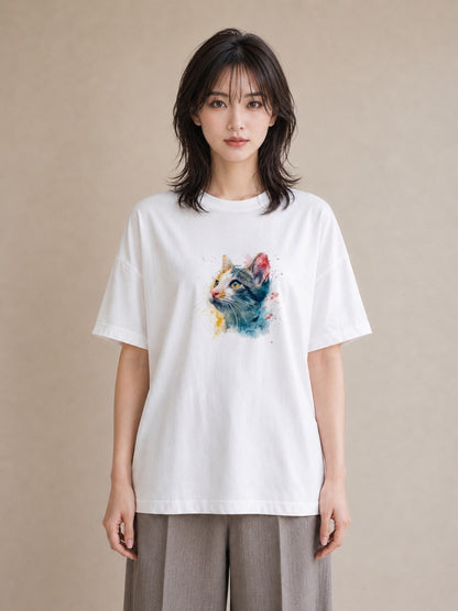 Tシャツ レディース ぶち猫 猫 ねこ イラスト 水彩風 お揃い 親子 白T