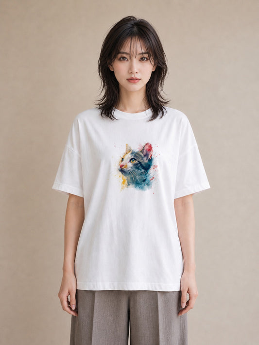 Tシャツ レディース ぶち猫 猫 ねこ イラスト 水彩風 お揃い 親子 白T