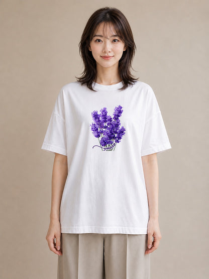 半袖Tシャツ レディース ラベンダー 花 花柄 イラスト 韓国風 誕生日プレゼント 綿100 白T