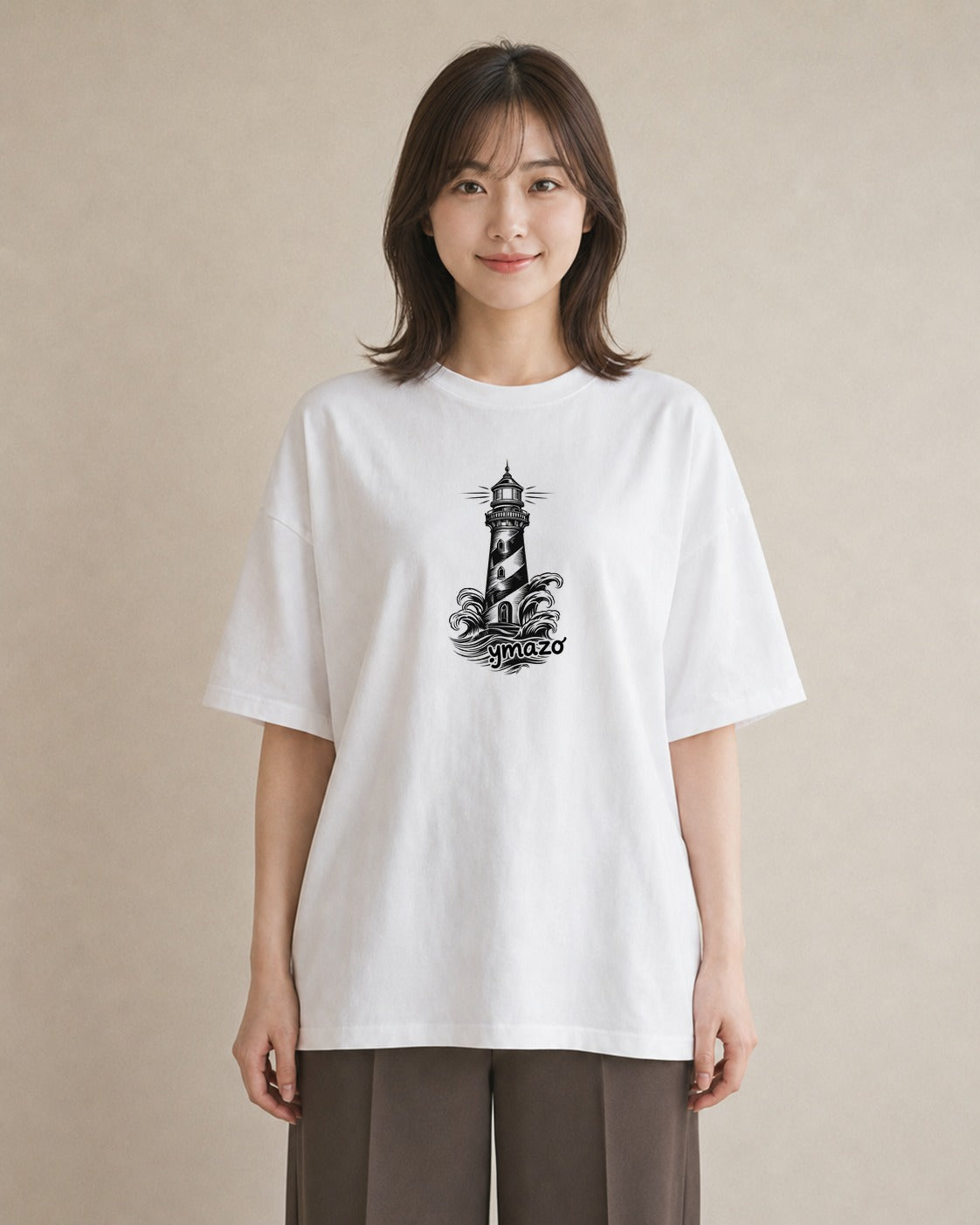 プリントTシャツ レディース 灯台 霧 海 ナチュラル アンティーク イラスト 休日コーデ 敬老の日 ホワイトデー 白T