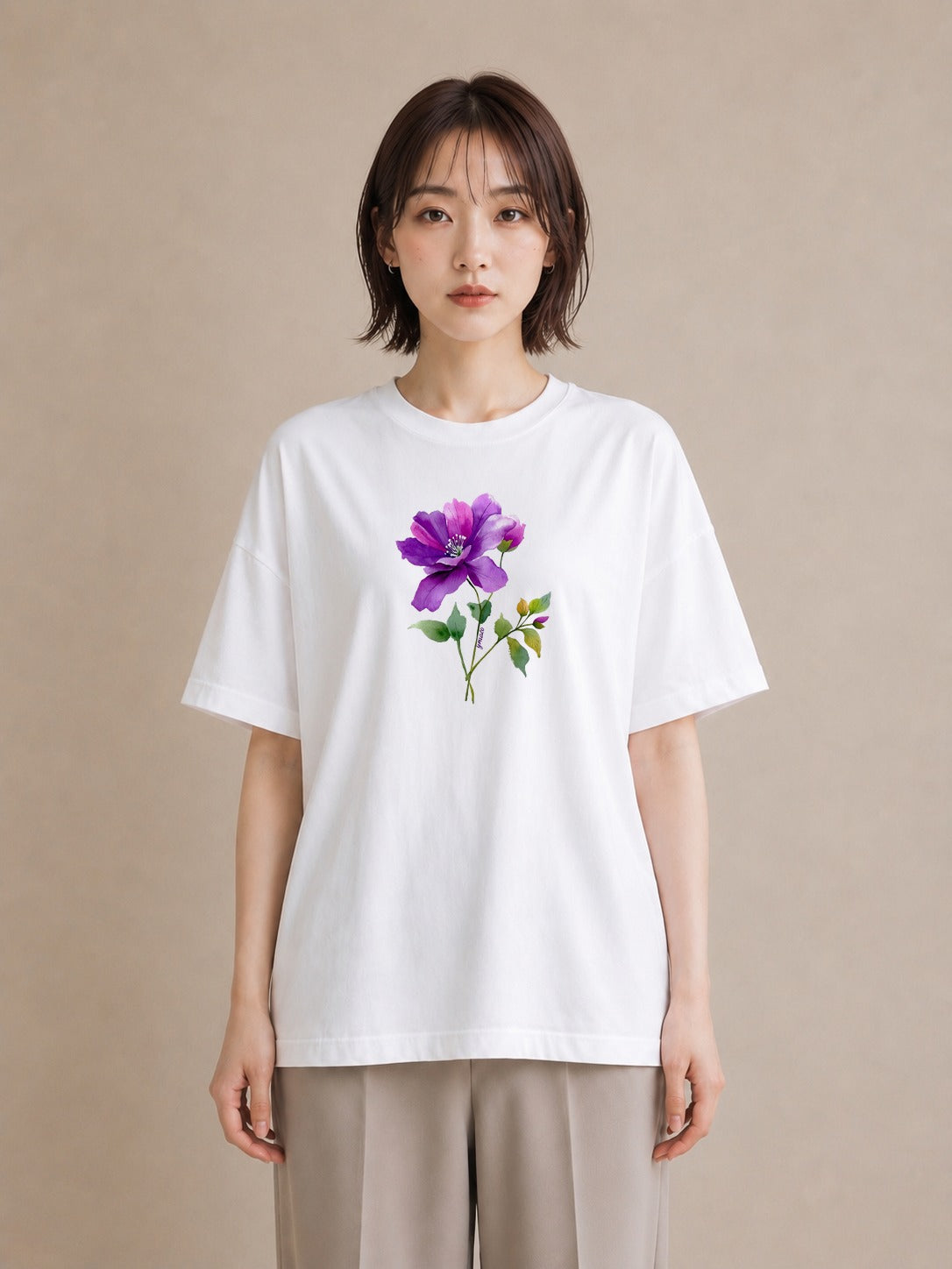 Tシャツ レディース パンジー 花 花柄 イラスト きれいめカジュアル 休日 ペアコーデ 白T